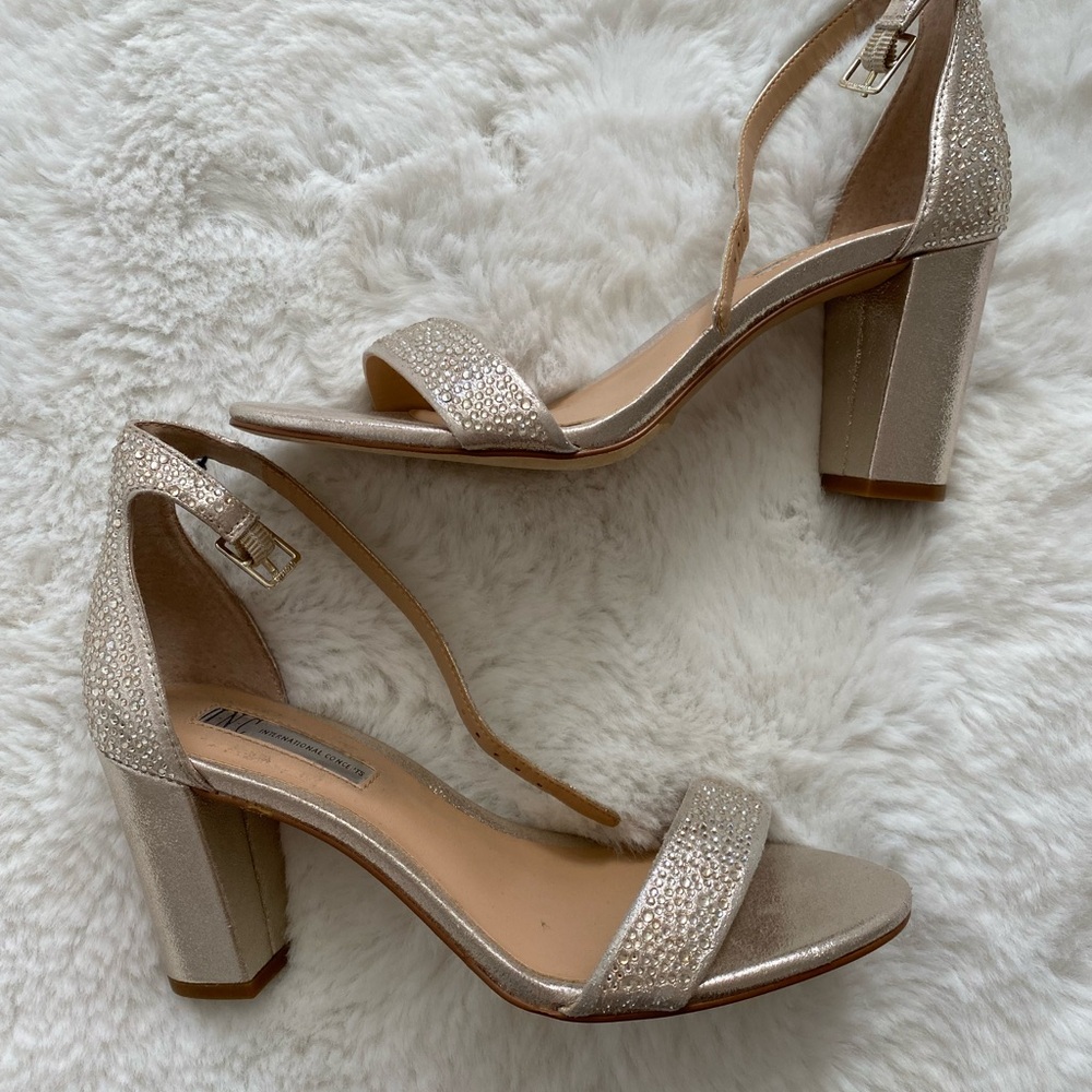 INC International Concepts Cream Sparkle Heeled Sandals with Block Heel